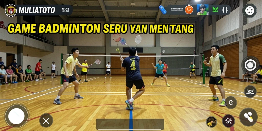 Tampilan antarmuka MULIATOTO dengan grafis permainan badminton yang menawan.